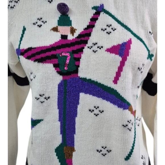 VTG 80s 90s Y2K Spice It Up 100% Acrylic Sweater White Colorful Skier Women L - Picture 2 of 5